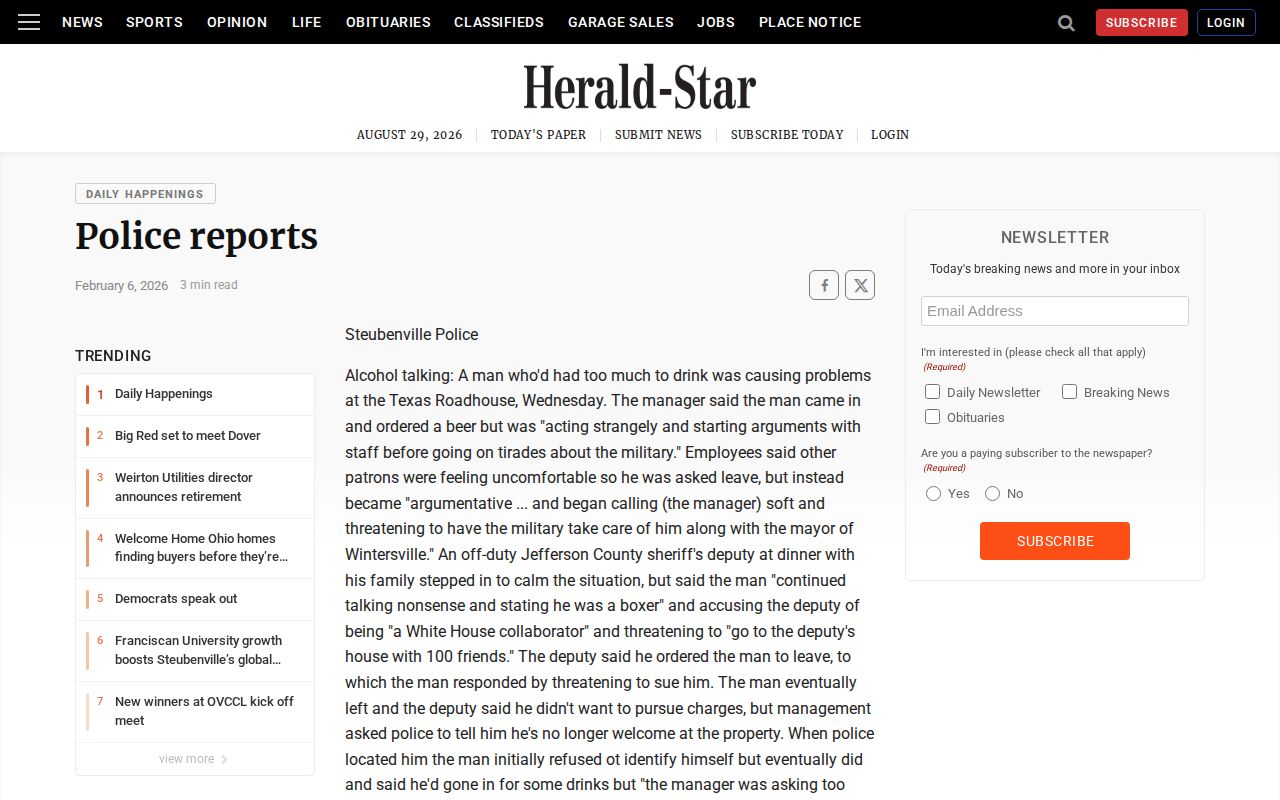 Jefferson County police-report news record from the Herald-Star