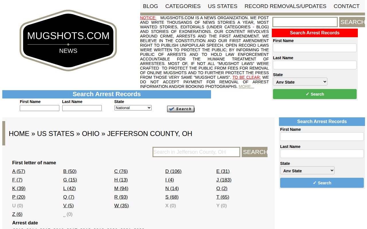 Jefferson County secondary news and booking-record section at Mugshots.com