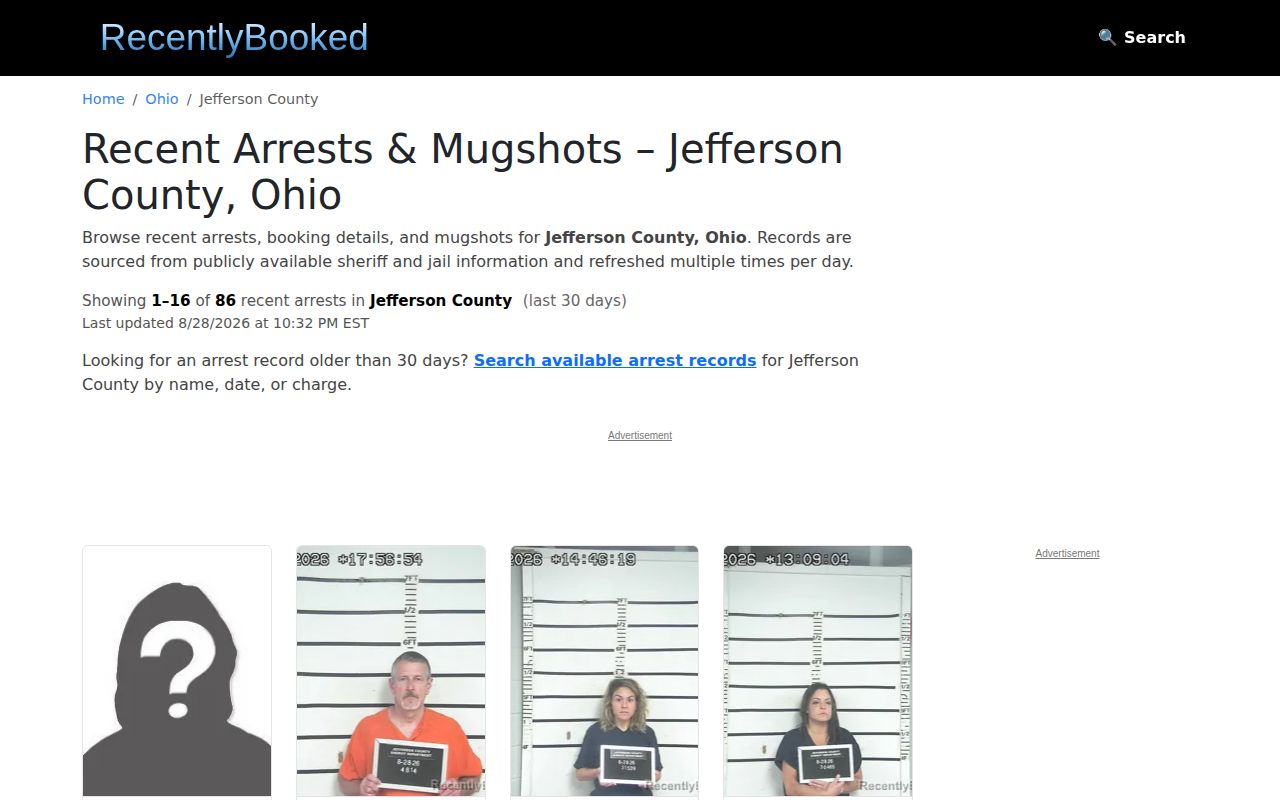 Jefferson County secondary booking-record section at RecentlyBooked