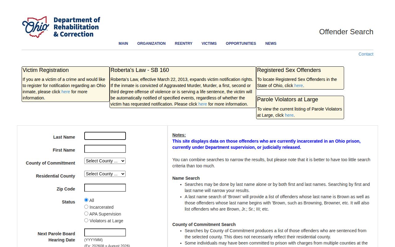 Ohio Department of Rehabilitation and Correction offender search form