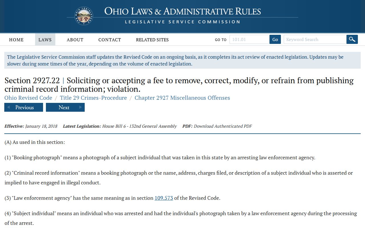 Ohio Revised Code Section 2927.22 page about booking-photo publication payments